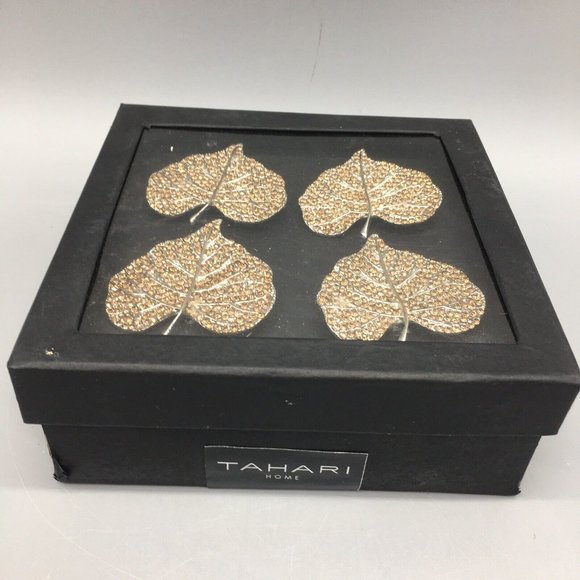 x12 Tahari Rhinestone Aspen Leaf Napkin Ring Set Elegant Fall Decor Thanksgiving - Picture 3 of 5